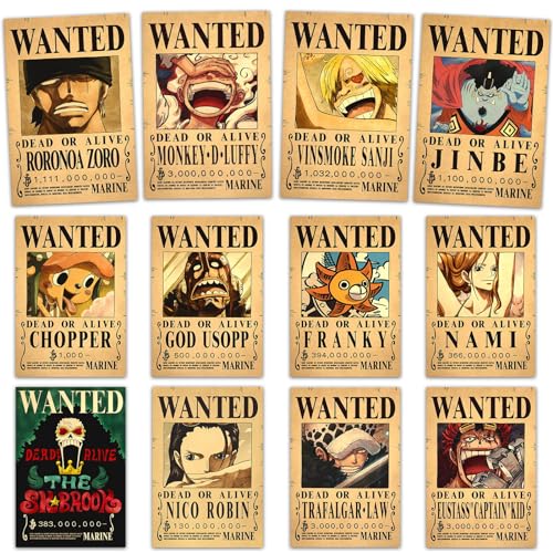 12 Stück Anime Poster,Posters Wanted 7,8 x 11,2 Zoll,Wanted Poster Vintage,Anime deko,Anime Wall Po