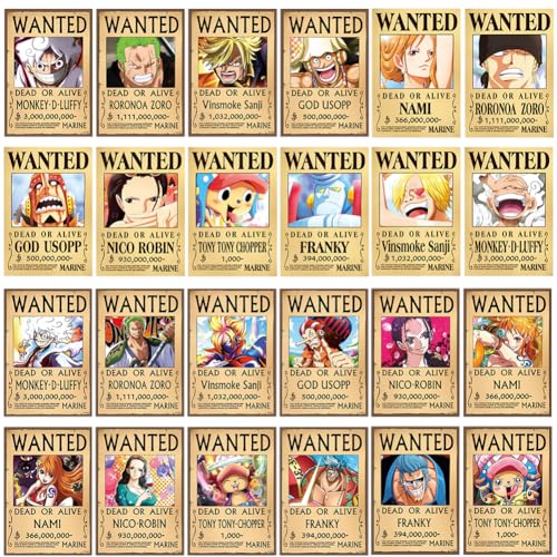 FISAPBXC Onepiece Anime Poster,24 PCS Luffy Premium Poster Set Wanted Bounty ästhetische Bilder Wan